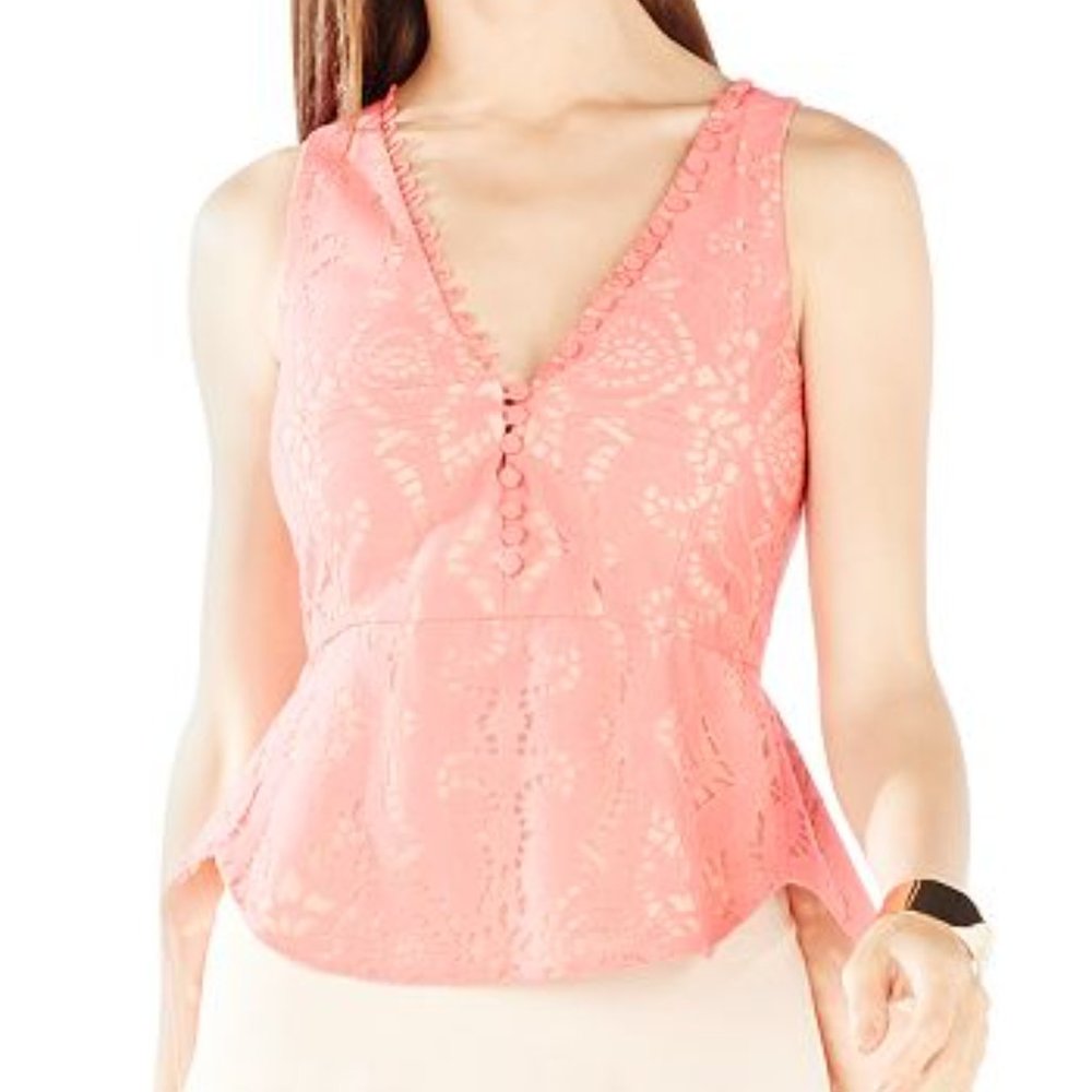 BCBG Rena Button Front Lace Peplum Top Pink Coral